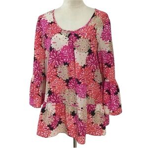 Papagallo Boho Colorful Floral Pullover Bell Sleeve Blouse Size Large